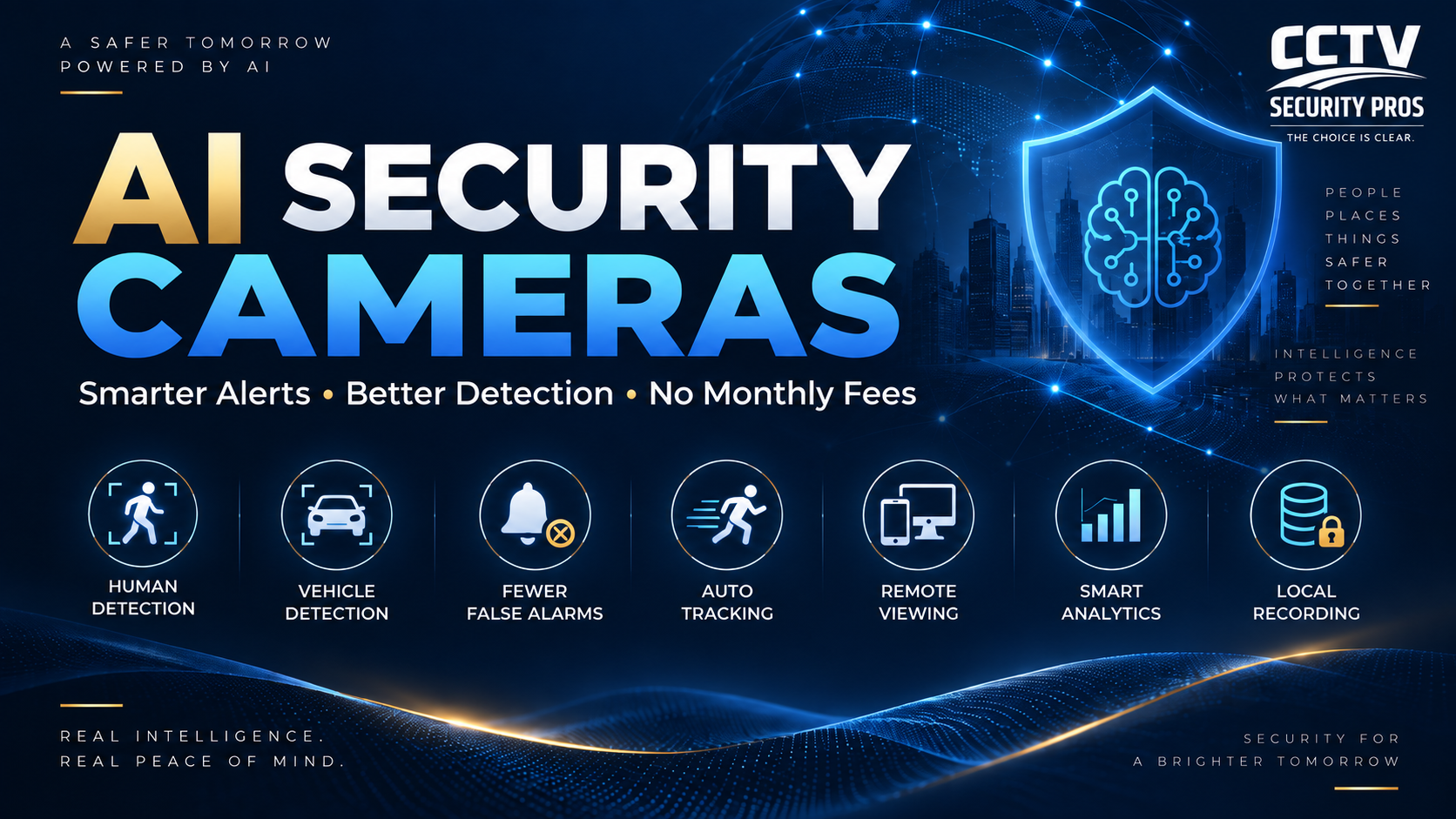 AI security cameras benefits graphic for smart detection human vehicle alerts and local NVR recording