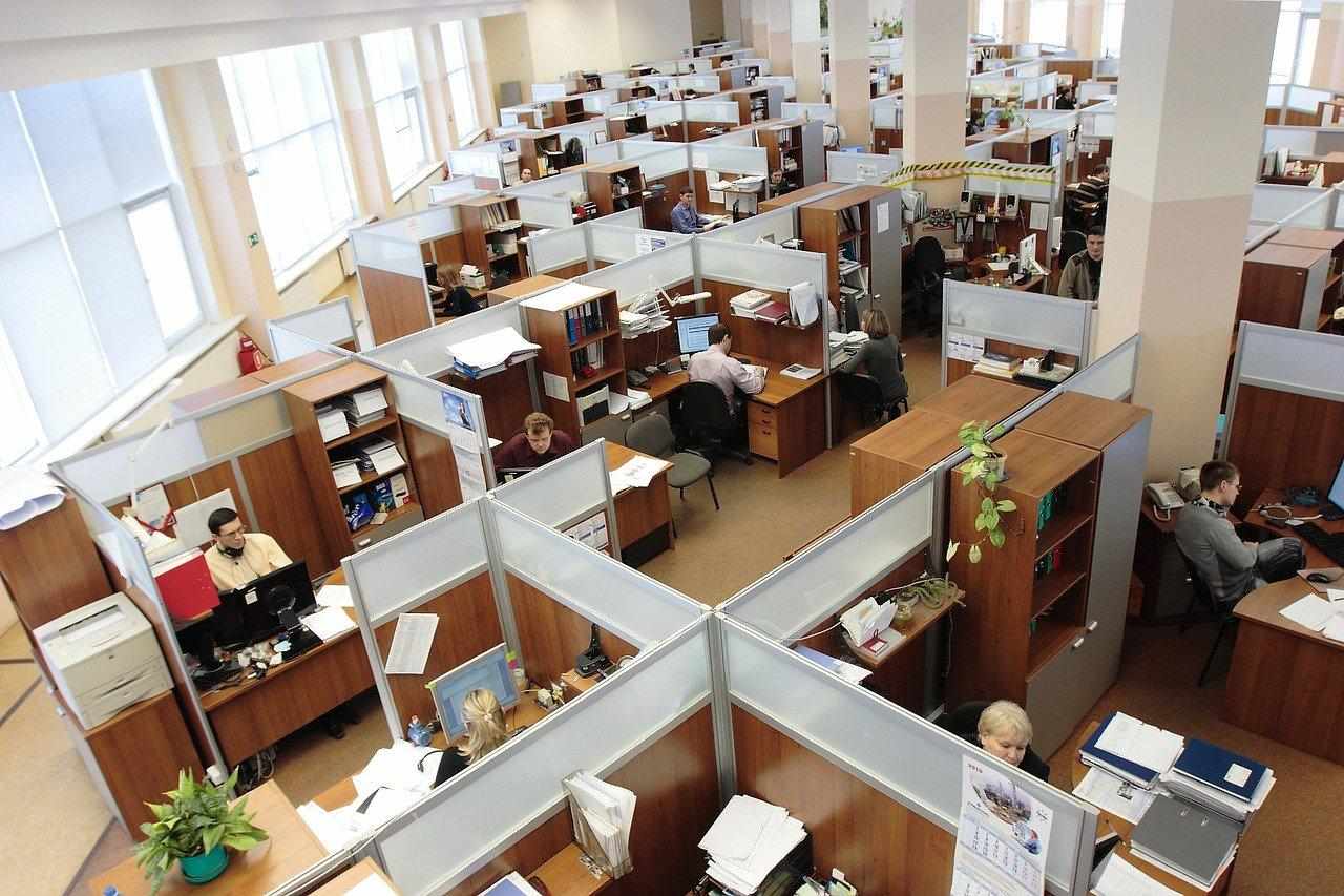 Birds eye view of employees working in an office